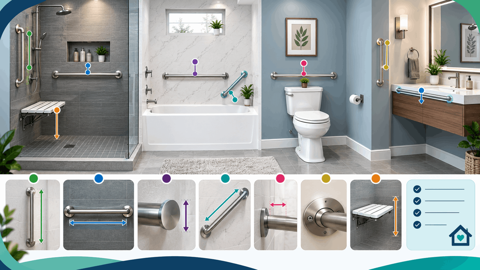Bathroom grab bar placement showing grab bars positioned in the shower, bathtub, beside the toilet, and near the vanity.