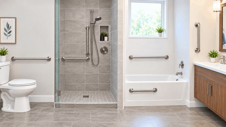 Grab bar height bathroom showing horizontal and vertical grab bars around the toilet, shower, bathtub, and vanity