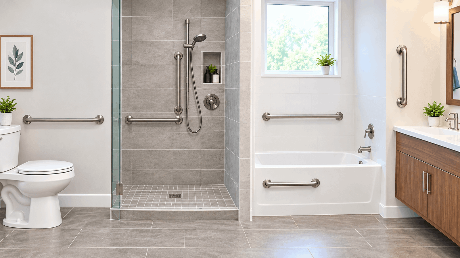 Grab bar height bathroom showing horizontal and vertical grab bars around the toilet, shower, bathtub, and vanity