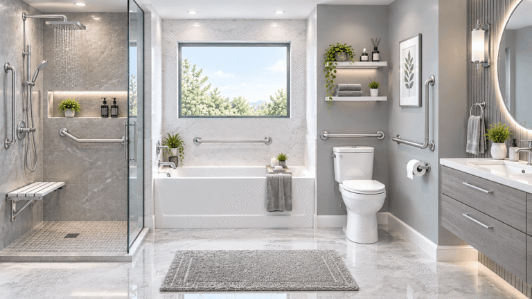 Modern bathroom showing chrome grab bars beside the shower, bathtub, and toilet for safe and accessible grab bar placement.