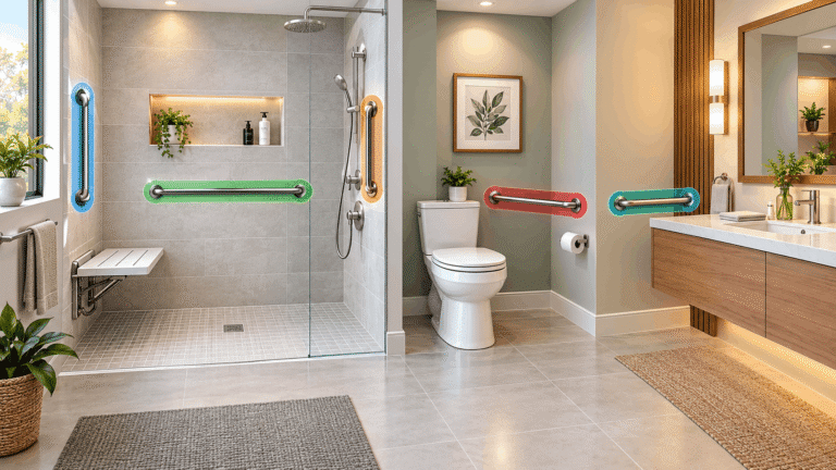 Grab bar placement for walk-in bathroom showing support bars in the shower, beside the toilet, and near the vanity.