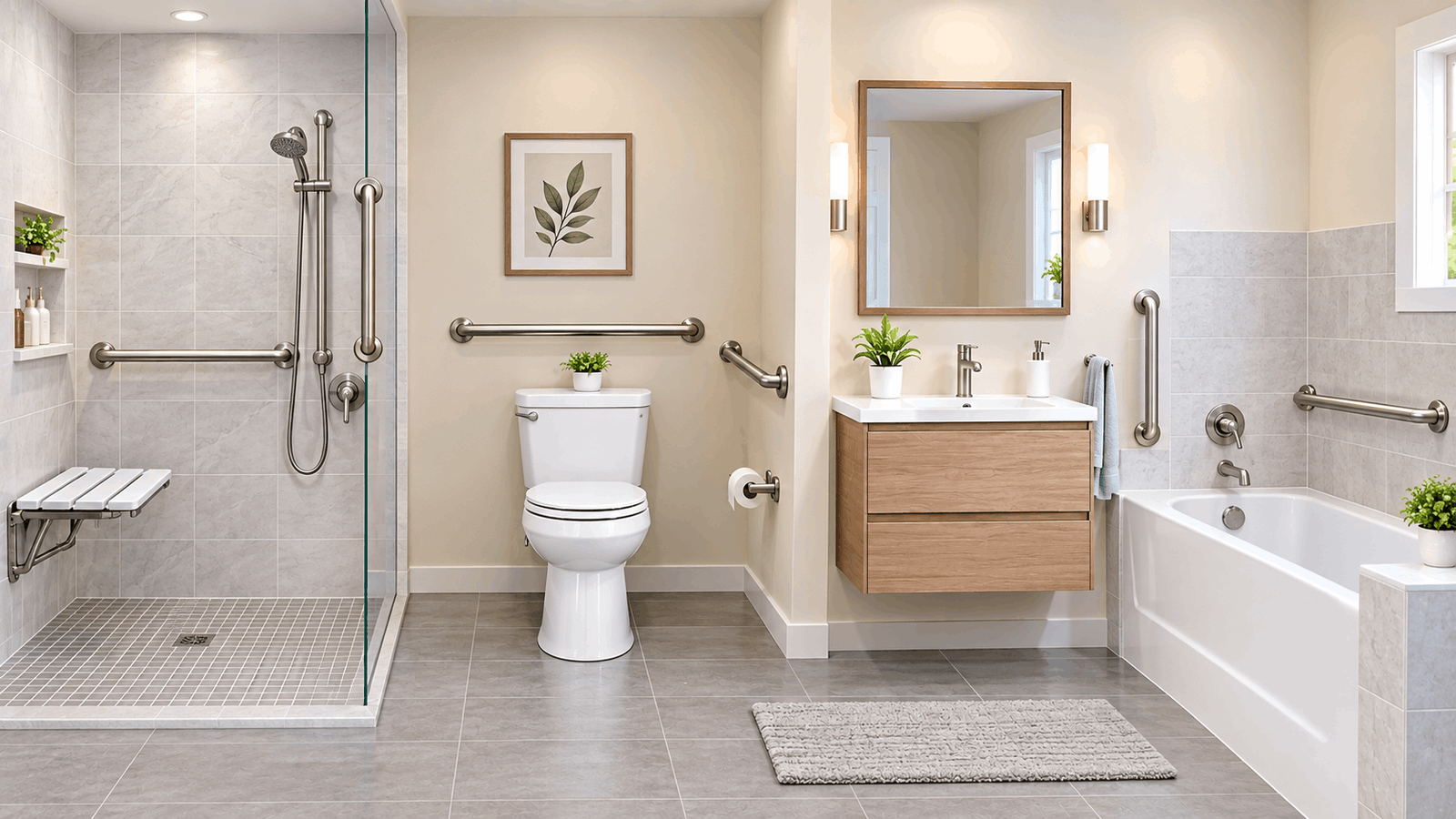 Position of grab bars in bathroom showing grab bars near the shower, toilet, and bathtub